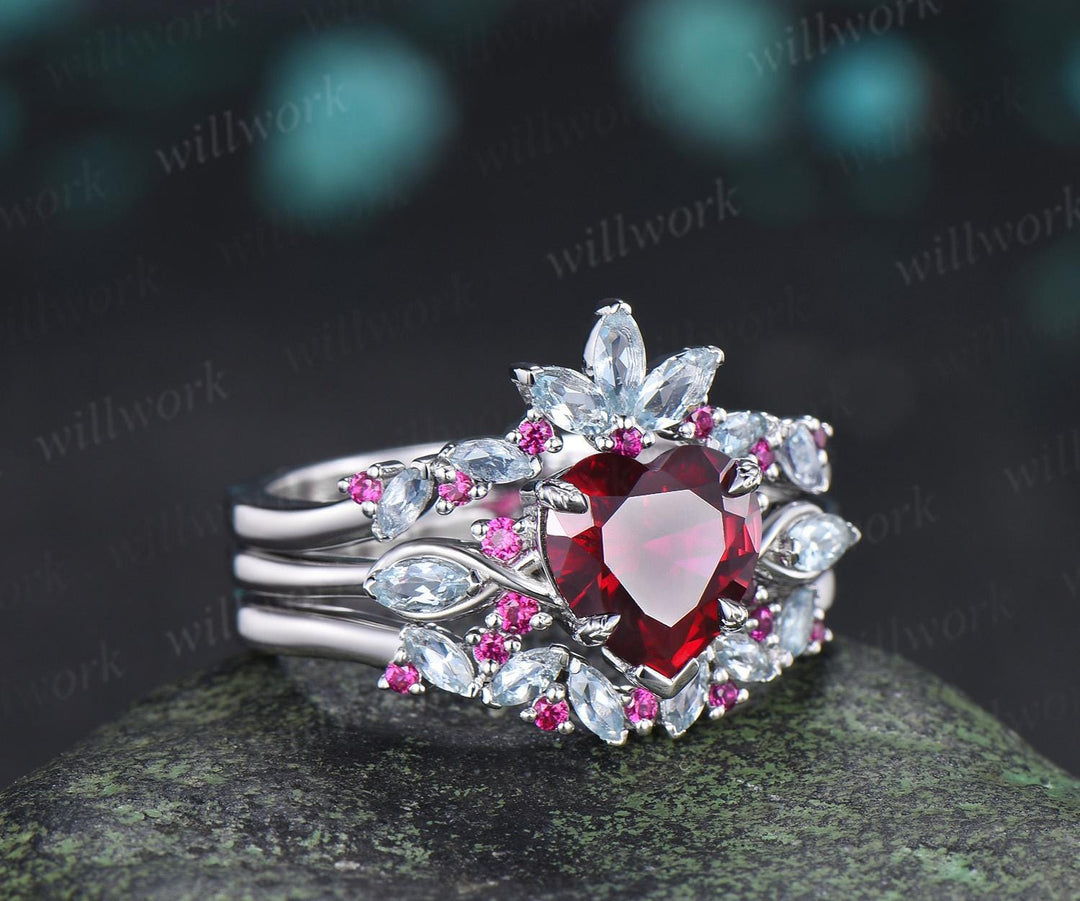 2ct heart shaped red ruby engagement ring 14k white gold leaf claw prong cluster aquamarine wedding promise ring set jewelry gift
