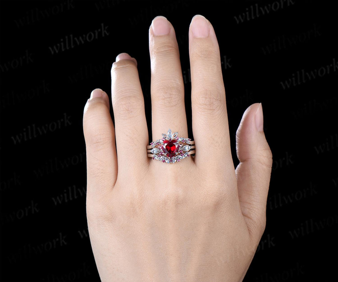 2ct heart shaped red ruby engagement ring 14k white gold leaf claw prong cluster aquamarine wedding promise ring set jewelry gift