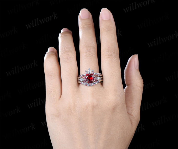 2ct heart shaped red ruby engagement ring 14k white gold leaf claw prong cluster aquamarine wedding promise ring set jewelry gift