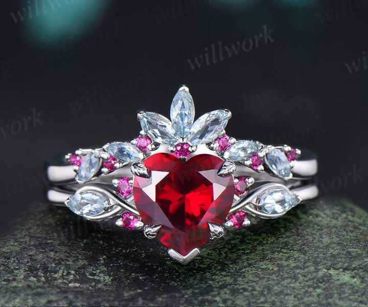 2ct heart shaped red ruby engagement ring 14k white gold leaf claw prong cluster aquamarine wedding promise ring set jewelry gift