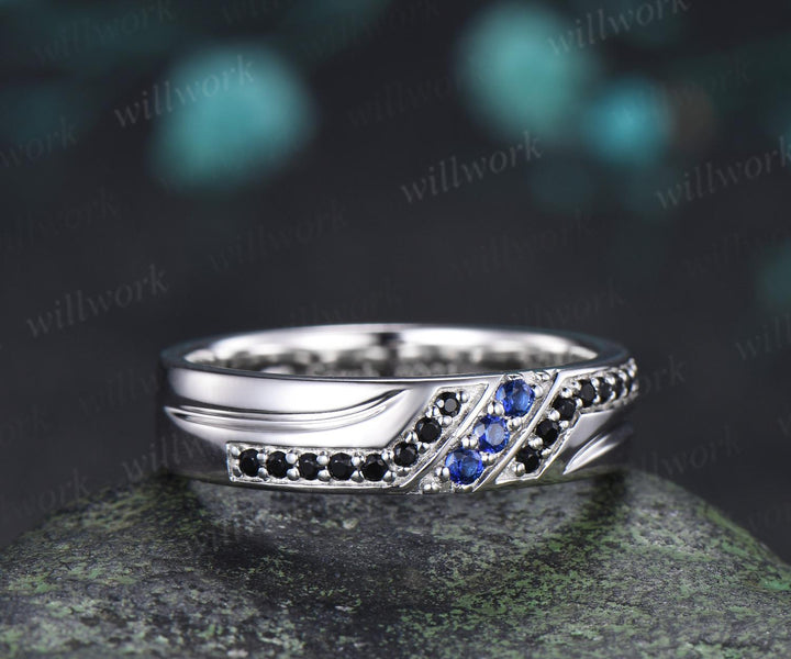 Unique mens sapphire wedding band 14k white gold black spinel mens handsome man rings matching band gift