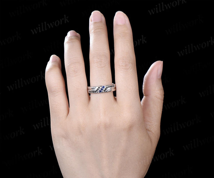 Unique mens sapphire wedding band 14k white gold black spinel mens handsome man rings matching band gift