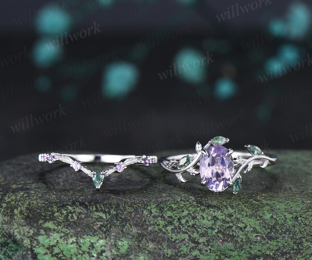 Oval cut Lavender Amethyst engagement ring 14k white gold leaf nature inspired moss agate half eternity purple amethyst bridal set women