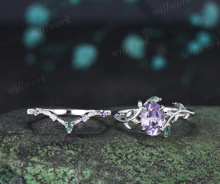 Oval cut Lavender Amethyst engagement ring 14k white gold leaf nature inspired moss agate half eternity purple amethyst bridal set women