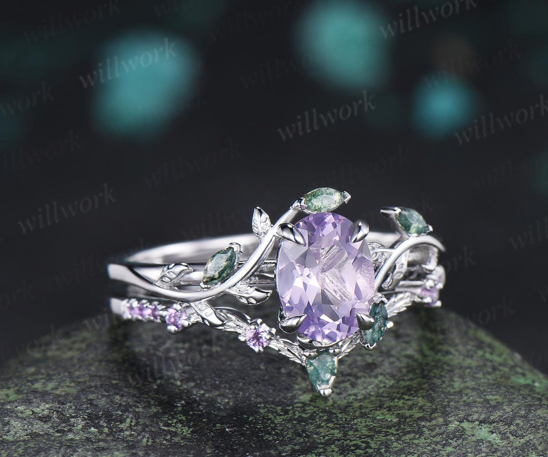 Oval cut Lavender Amethyst engagement ring 14k white gold leaf nature inspired moss agate half eternity purple amethyst bridal set women