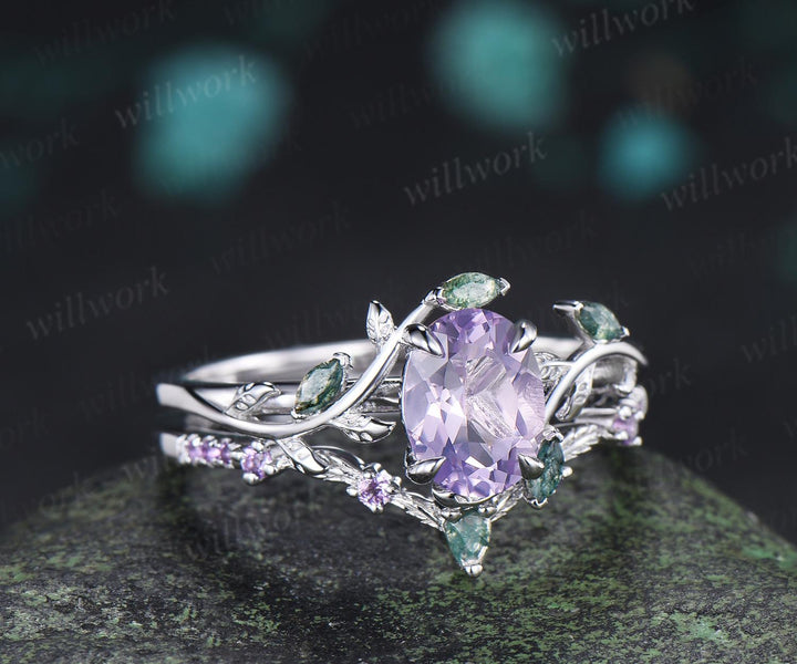 Oval cut Lavender Amethyst engagement ring 14k white gold leaf nature inspired moss agate half eternity purple amethyst bridal set women