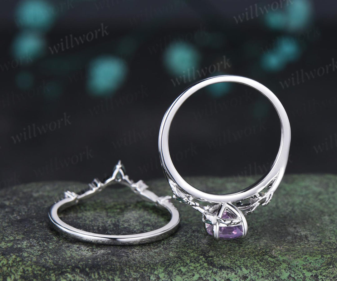 Oval cut Lavender Amethyst engagement ring 14k white gold leaf nature inspired moss agate half eternity purple amethyst bridal set women