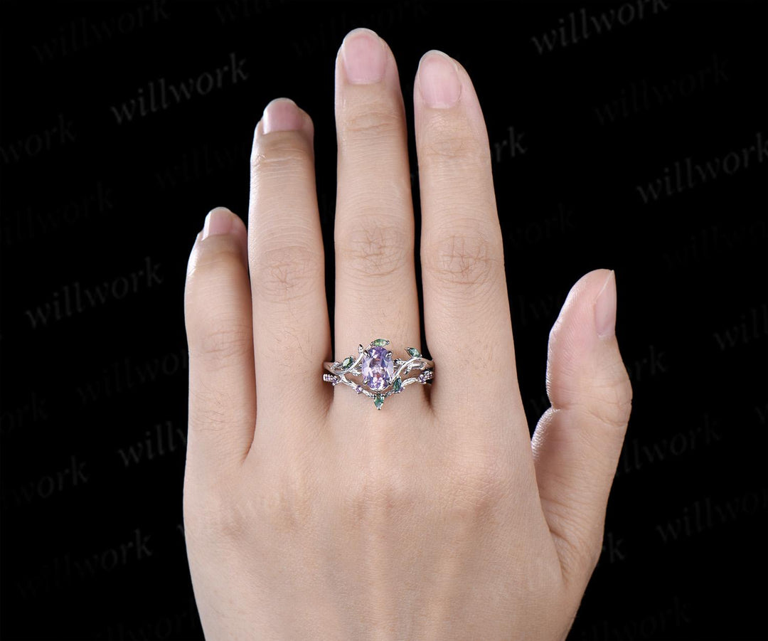Oval cut Lavender Amethyst engagement ring 14k white gold leaf nature inspired moss agate half eternity purple amethyst bridal set women