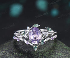 Oval cut Lavender Amethyst engagement ring 14k white gold leaf nature inspired moss agate half eternity purple amethyst bridal set women