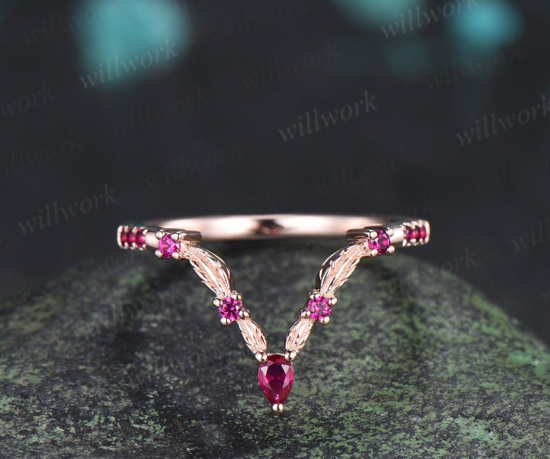 Leaf red ruby curved wedding band 14k rose gold eternity stacking bridal ring women gift