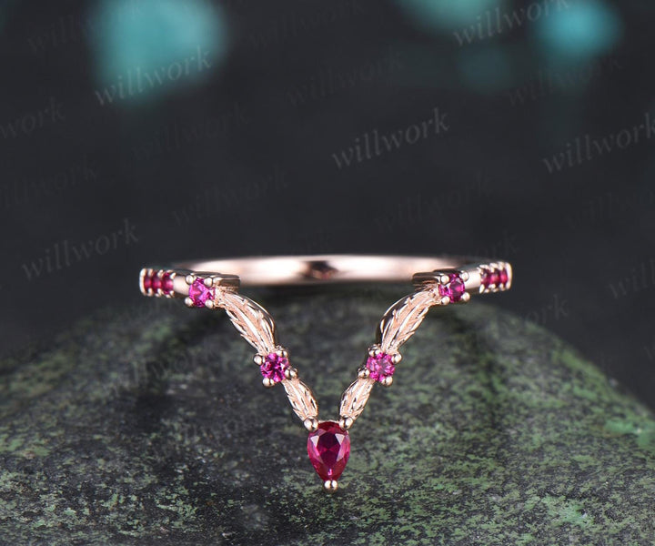 Leaf red ruby curved wedding band 14k rose gold eternity stacking bridal ring women gift