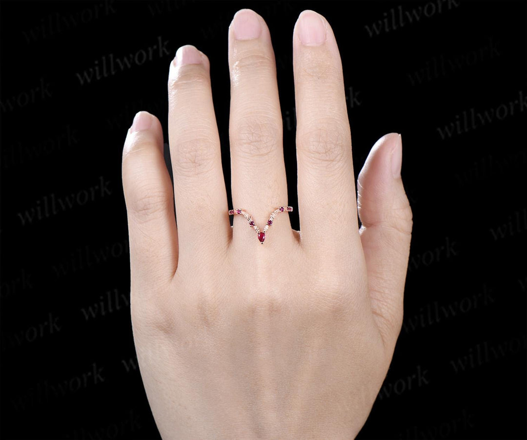 Leaf red ruby curved wedding band 14k rose gold eternity stacking bridal ring women gift