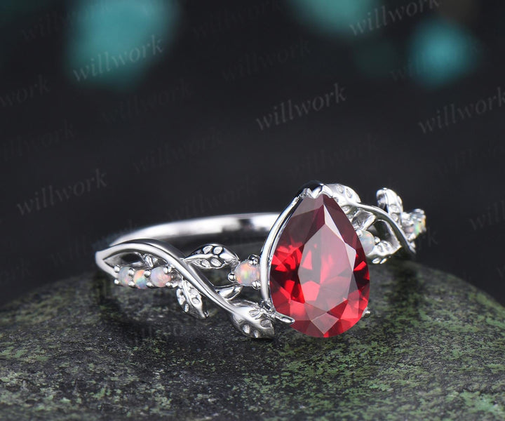Pear shaped red ruby ring vintage white gold opal leaf engagement ring branch nature inspired promise wedding ring women silver