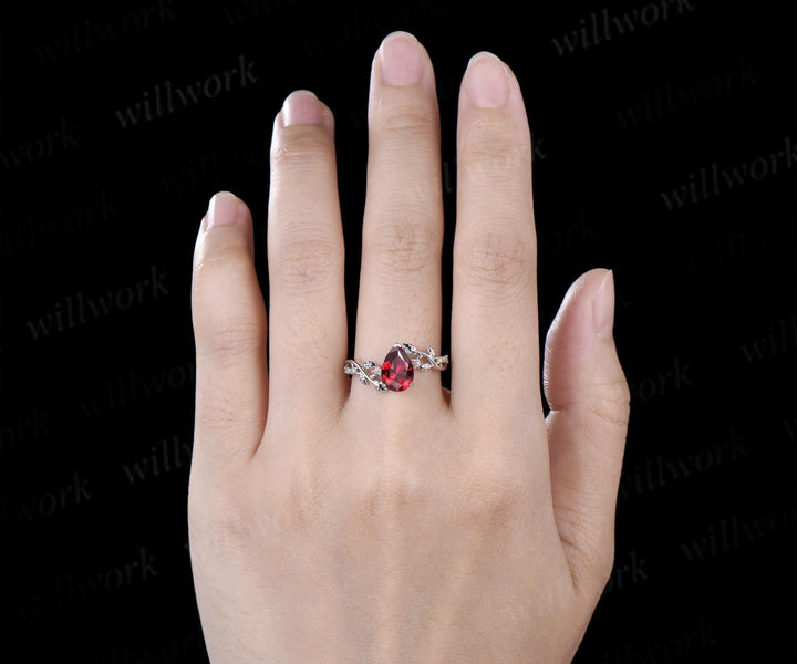 Pear shaped red ruby ring vintage white gold opal leaf engagement ring branch nature inspired promise wedding ring women silver