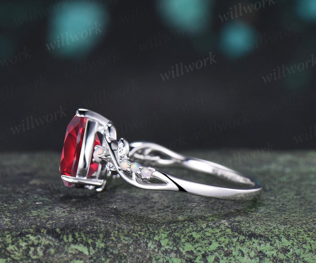 Pear shaped red ruby ring vintage white gold opal leaf engagement ring branch nature inspired promise wedding ring women silver
