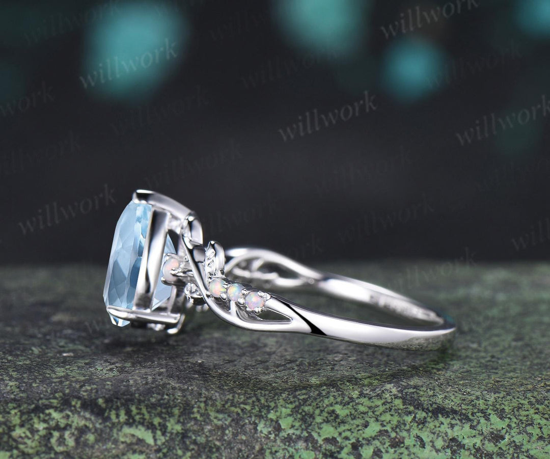 Pear cut aquamarine ring vintage white gold opal leaf engagement ring branch nature inspired promise wedding ring women silver