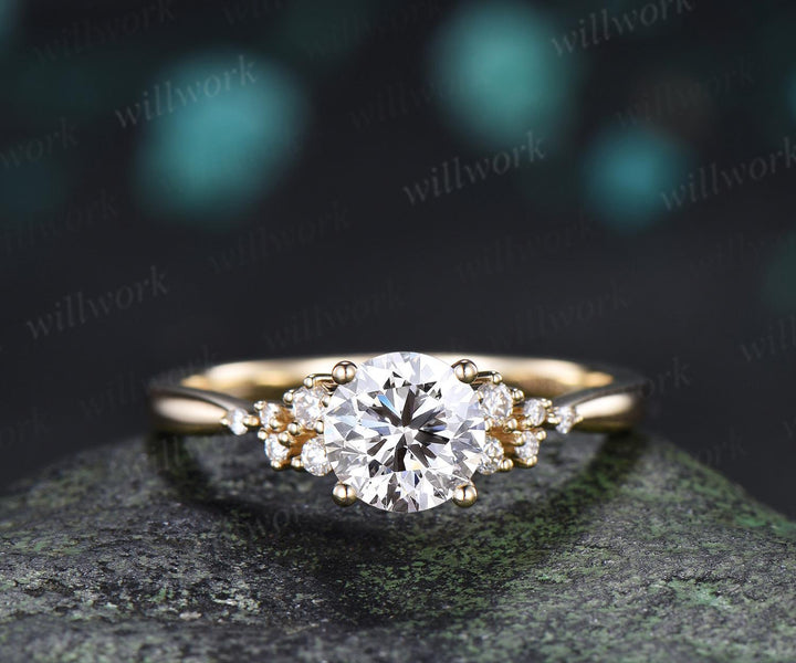 1ct round cut Lab grown diamond moissanite engagement ring solid 14k yellow gold cluster snowdrift wedding promise ring women