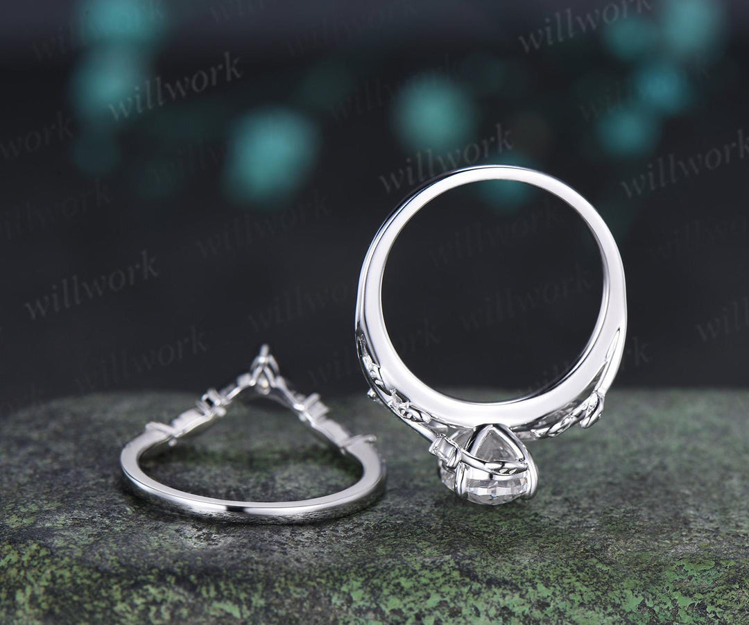 2ct oval cut lab grown diamond engagement ring 14k white gold leaf nature inspired ring women unique cluster bridal promise ring set jewelry