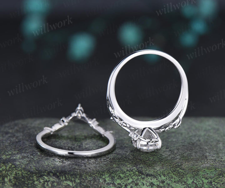 2ct oval cut lab grown diamond engagement ring 14k white gold leaf nature inspired ring women unique cluster bridal promise ring set jewelry