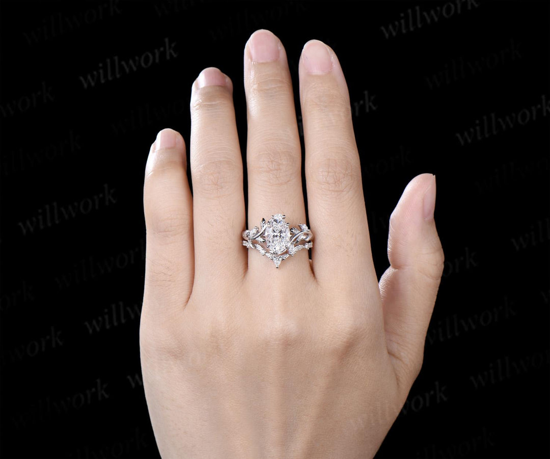 2ct oval cut lab grown diamond engagement ring 14k white gold leaf nature inspired ring women unique cluster bridal promise ring set jewelry