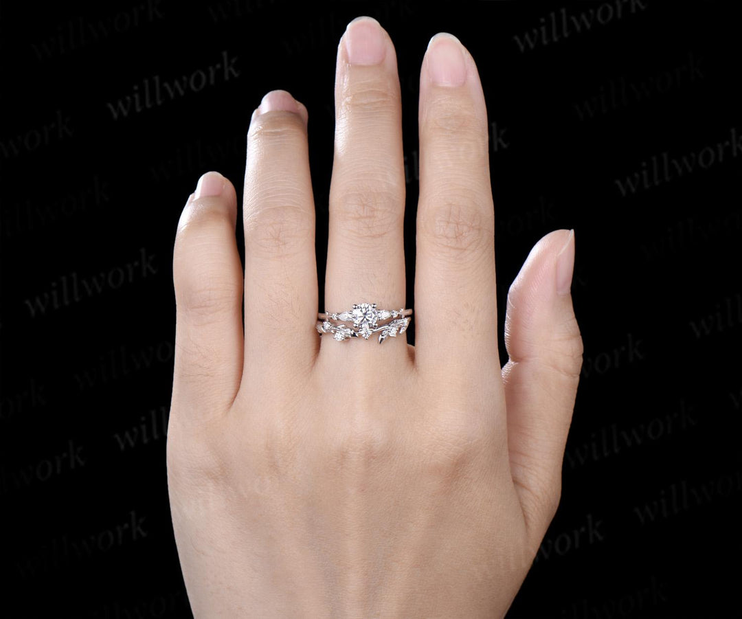 0.5ct round cut lab grown diamond ring white gold cluster unique engagement ring set leaf stacking moissanite bridal promise ring set women