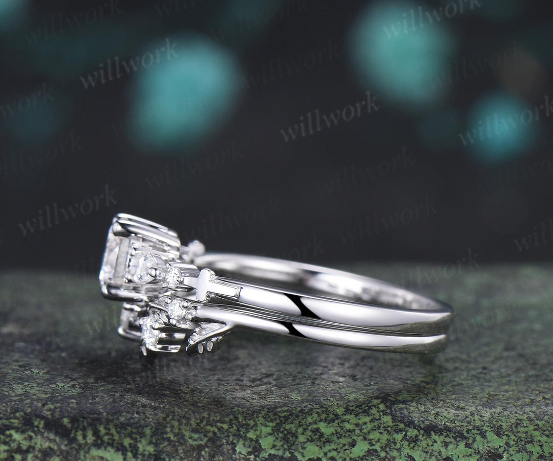0.5ct round cut lab grown diamond ring white gold cluster unique engagement ring set leaf stacking moissanite bridal promise ring set women