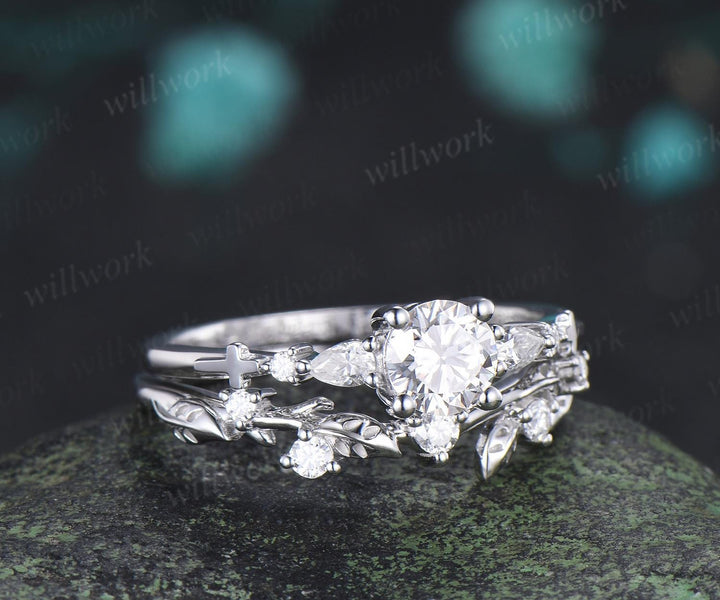 0.5ct round cut lab grown diamond ring white gold cluster unique engagement ring set leaf stacking moissanite bridal promise ring set women