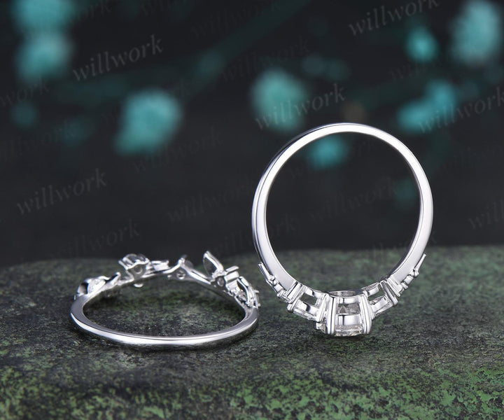 0.5ct round cut lab grown diamond ring white gold cluster unique engagement ring set leaf stacking moissanite bridal promise ring set women