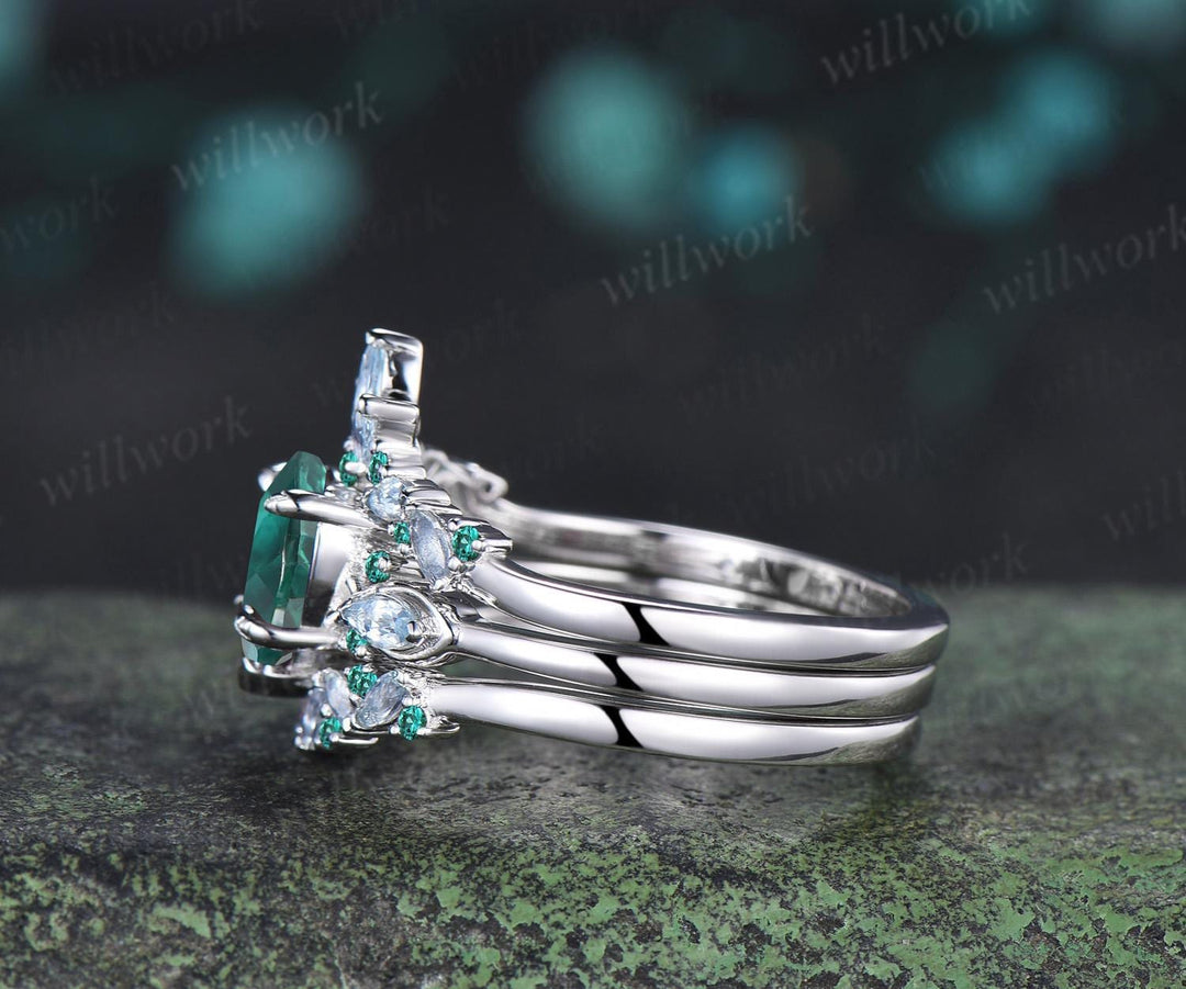 2ct heart shaped green emerald engagement ring 14k white gold leaf claw prong cluster aquamarine wedding bridal ring set jewelry silver