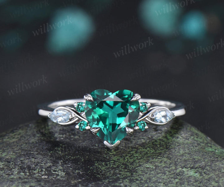 2ct heart shaped green emerald engagement ring 14k white gold leaf claw prong cluster aquamarine wedding bridal ring set jewelry silver
