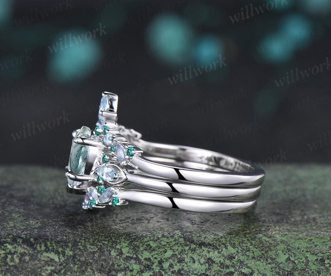 2ct heart green moss agate engagement ring 14k white gold marquise aquamarine emerald wedding anniversary ring gift silver