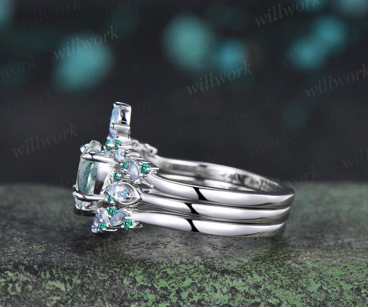 2ct heart green moss agate engagement ring 14k white gold marquise aquamarine emerald wedding anniversary ring gift silver