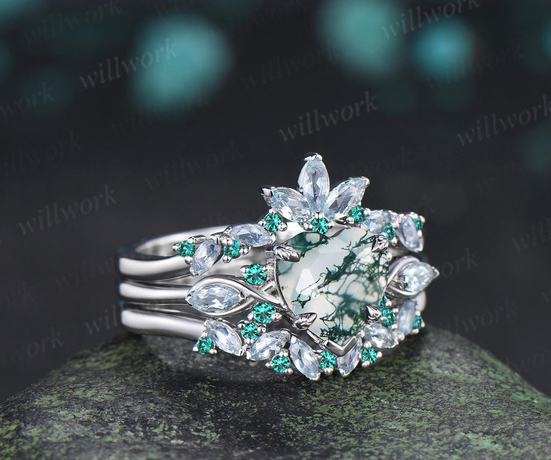 2ct heart green moss agate engagement ring 14k white gold marquise aquamarine emerald wedding anniversary ring gift silver
