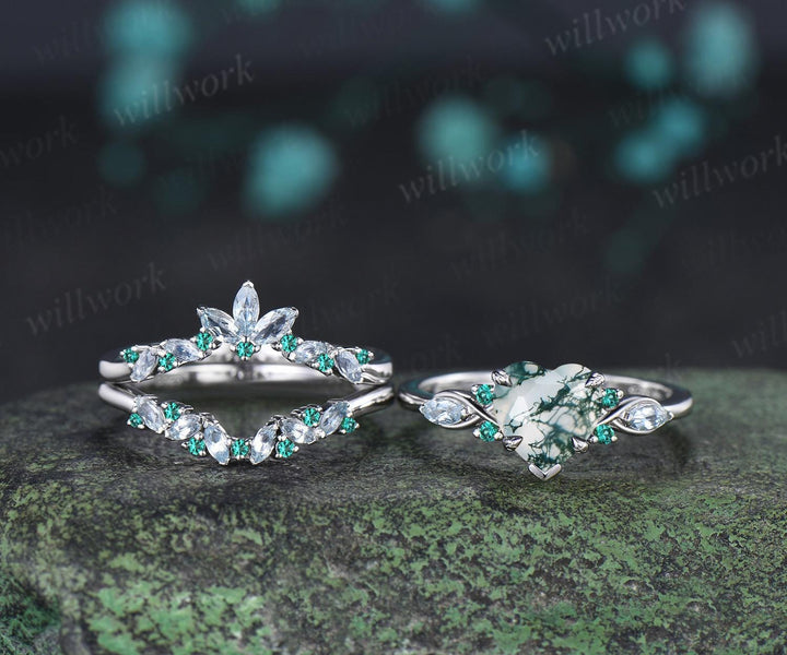 2ct heart green moss agate engagement ring 14k white gold marquise aquamarine emerald wedding anniversary ring gift silver