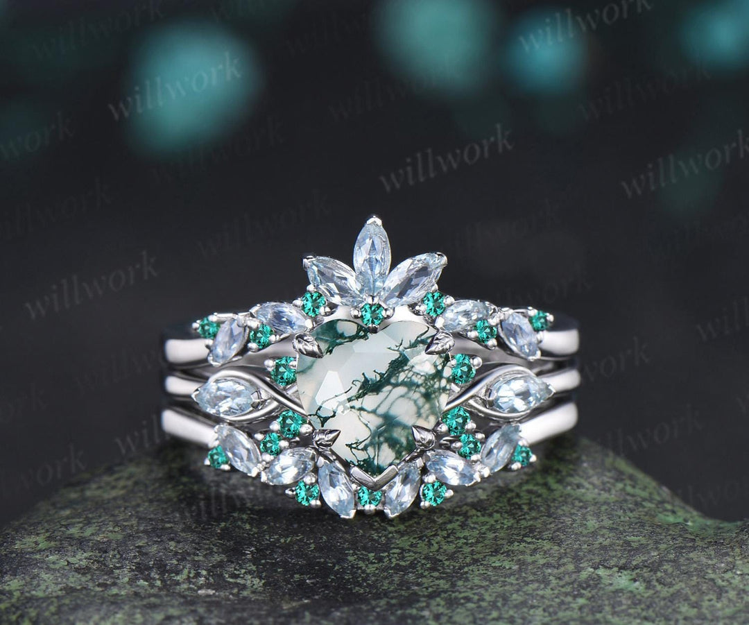 2ct heart green moss agate engagement ring 14k white gold marquise aquamarine emerald wedding anniversary ring gift silver