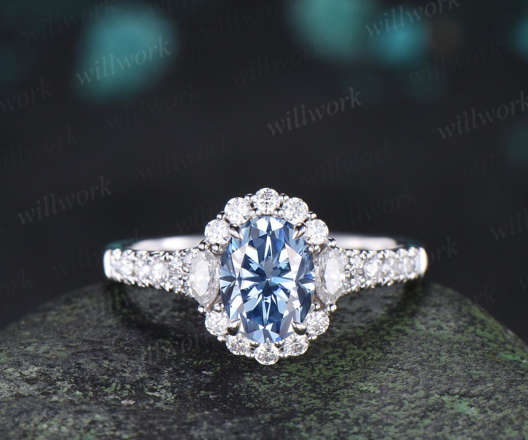 Oval cut blue moissanite engagement ring 14k white gold vintage halo half eternity topaz promise wedding ring set women