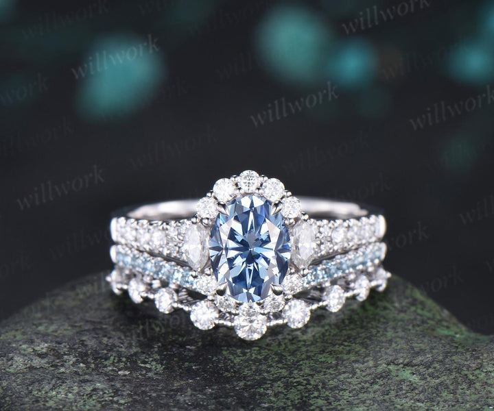 Oval cut blue moissanite engagement ring 14k white gold vintage halo half eternity topaz promise wedding ring set women