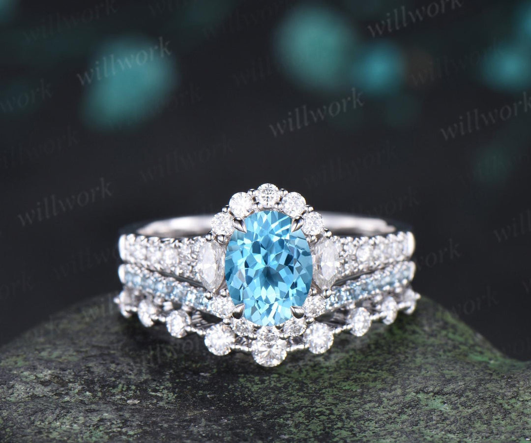 Oval cut Swiss blue topaz engagement ring 14k white gold vintage halo half eternity moissanite matching promise wedding ring set women