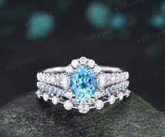 Oval cut Swiss blue topaz engagement ring 14k white gold vintage halo half eternity moissanite matching promise wedding ring set women