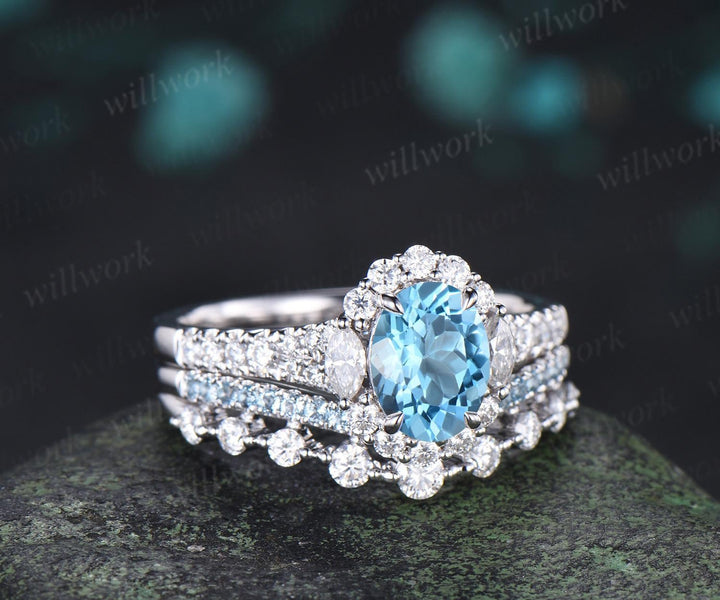 Oval cut Swiss blue topaz engagement ring 14k white gold vintage halo half eternity moissanite matching promise wedding ring set women