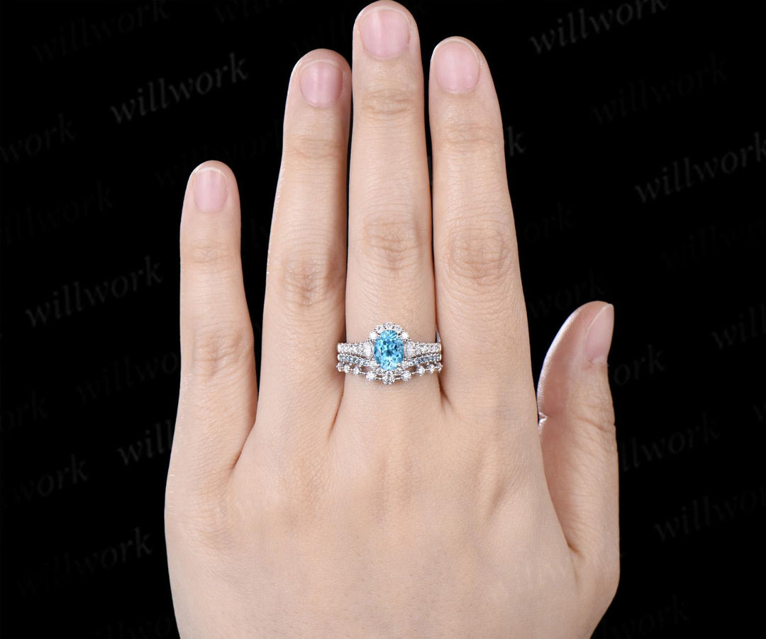 Oval cut Swiss blue topaz engagement ring 14k white gold vintage halo half eternity moissanite matching promise wedding ring set women