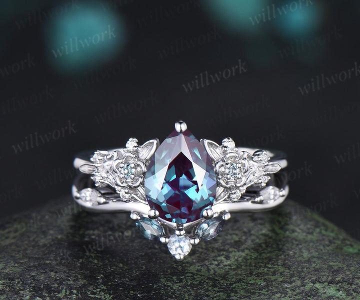 Pear alexandrite engagement ring 14k white gold leaf floral unique retro cluster moissanite bridal ring set women