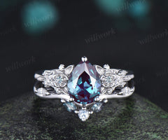 Pear alexandrite engagement ring 14k white gold leaf floral unique retro cluster moissanite bridal ring set women