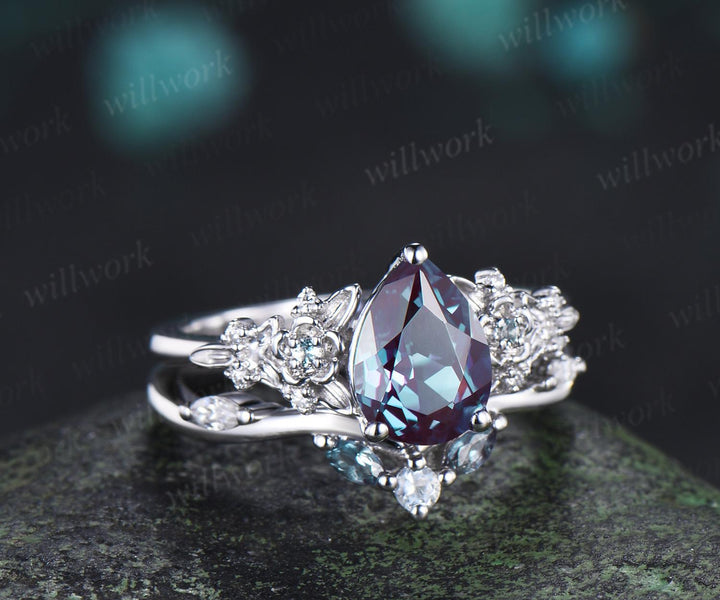 Pear alexandrite engagement ring 14k white gold leaf floral unique retro cluster moissanite bridal ring set women