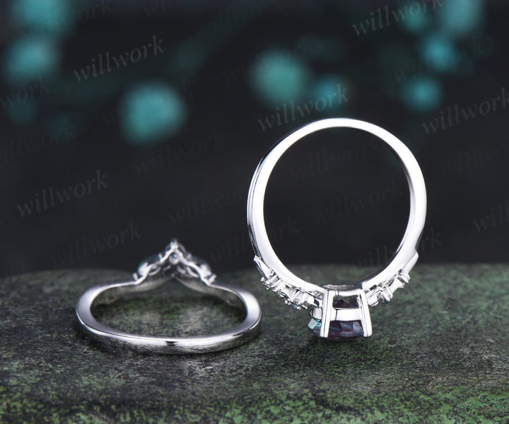Pear alexandrite engagement ring 14k white gold leaf floral unique retro cluster moissanite bridal ring set women
