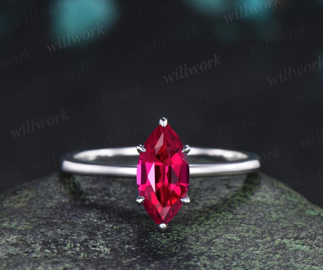 Marquise cut red ruby engagement ring 14k white gold unique butterfly bridal wedding ring set vintage jewelry women