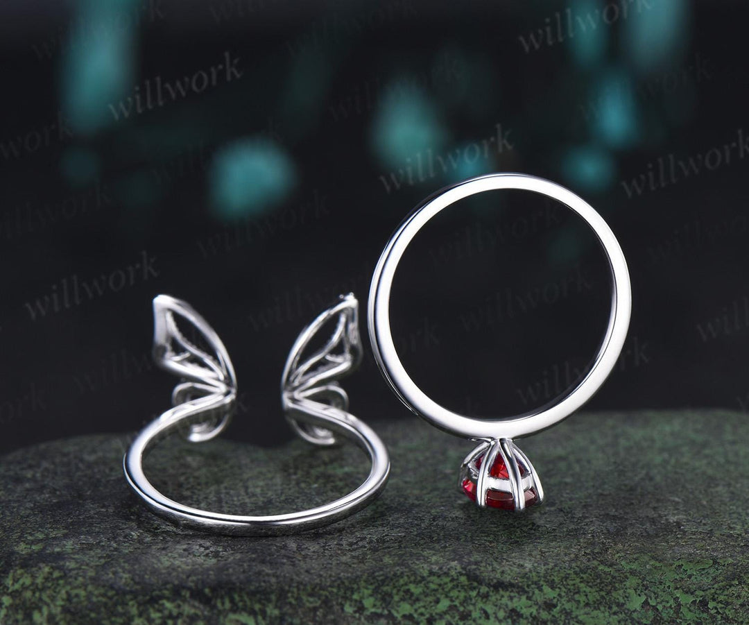 Marquise cut red ruby engagement ring 14k white gold unique butterfly bridal wedding ring set vintage jewelry women