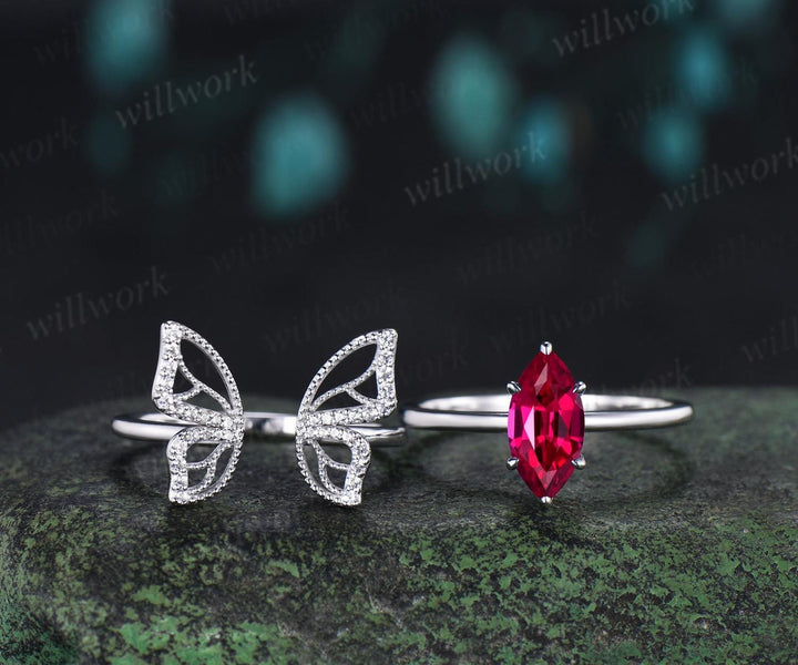Marquise cut red ruby engagement ring 14k white gold unique butterfly bridal wedding ring set vintage jewelry women