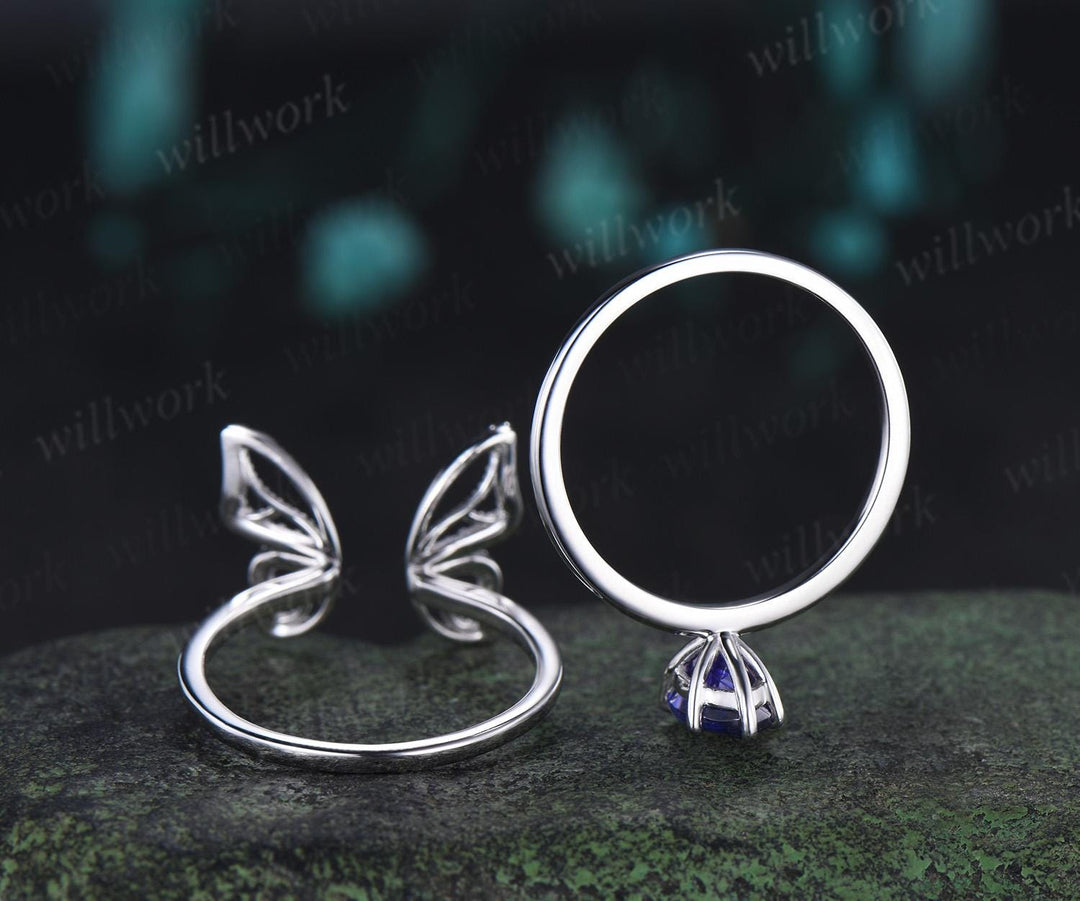 Marquise cut purple sapphire engagement ring 14k white gold unique butterfly bridal wedding ring set vintage jewelry women
