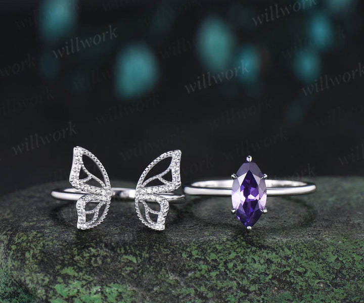 Marquise cut purple sapphire engagement ring 14k white gold unique butterfly bridal wedding ring set vintage jewelry women